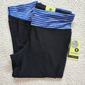 Xersion Womens Compression Cropped Leggings Black/Blue Stripe L